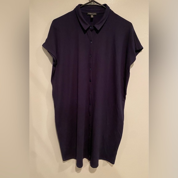 Eileen Fisher Tshirt Dress Size Small Viscose Stretch Casual Navy Button Down - Picture 1 of 6